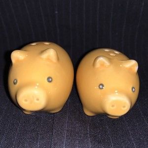 Vintage Farmhouse Mini Yellow Ceramic Happy Pigs Salt & Pepper Shakers